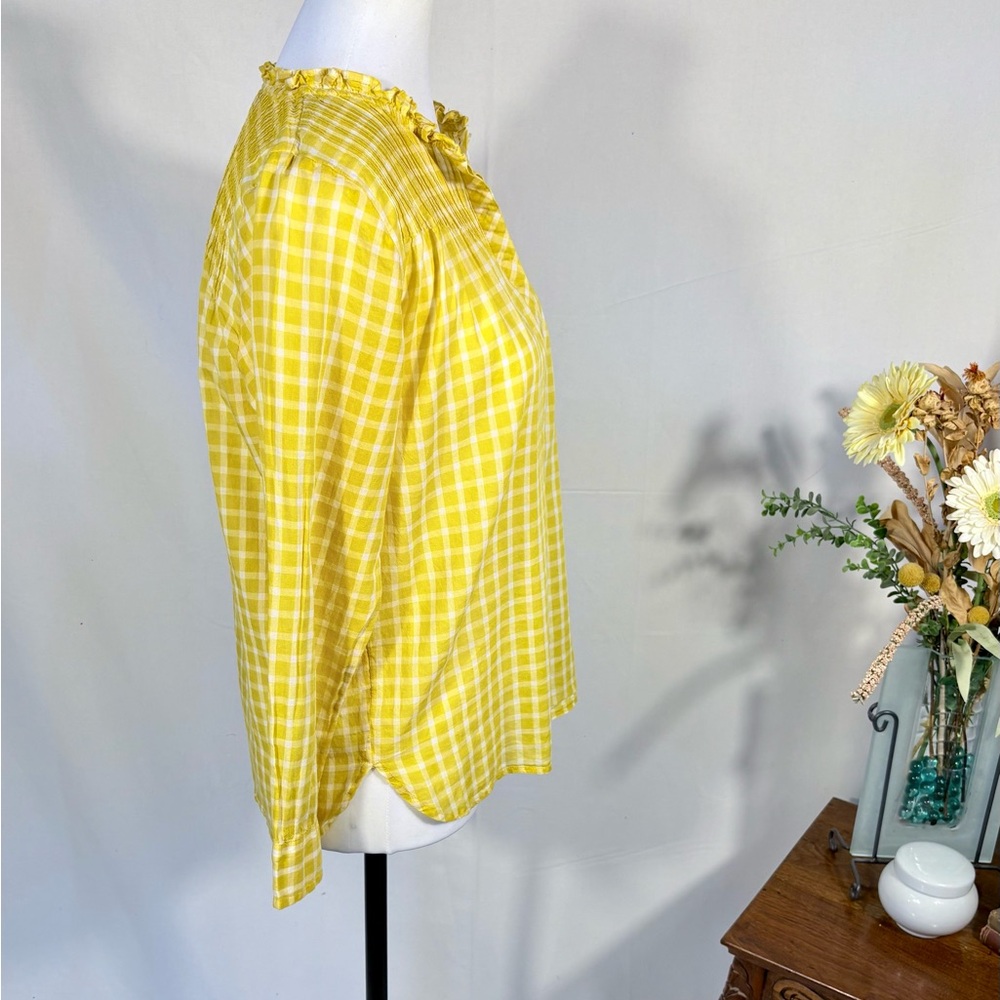 J.Crew Pintuck Yellow Gingham Blouse Ruffle Neck Long Sleeve Sz 2P💛 - Picture 5 of 11